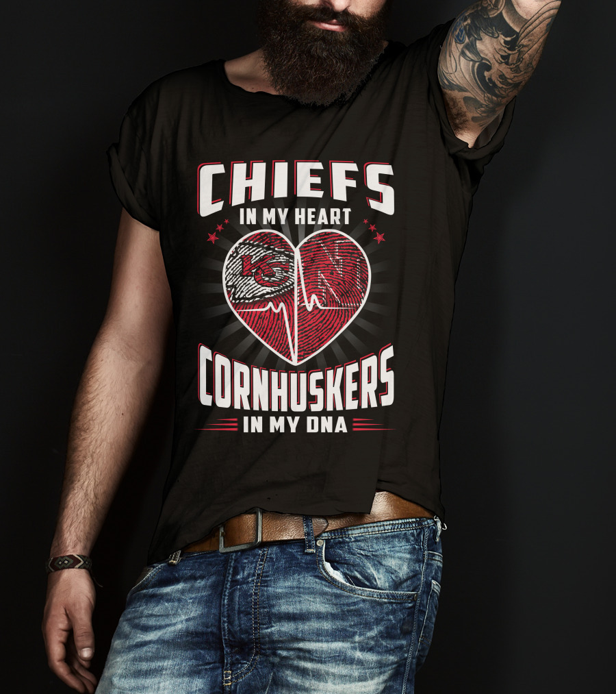 Chiefs In My Heart Cornhuskers Dna Fingerprint Heartbeat T-Shirt