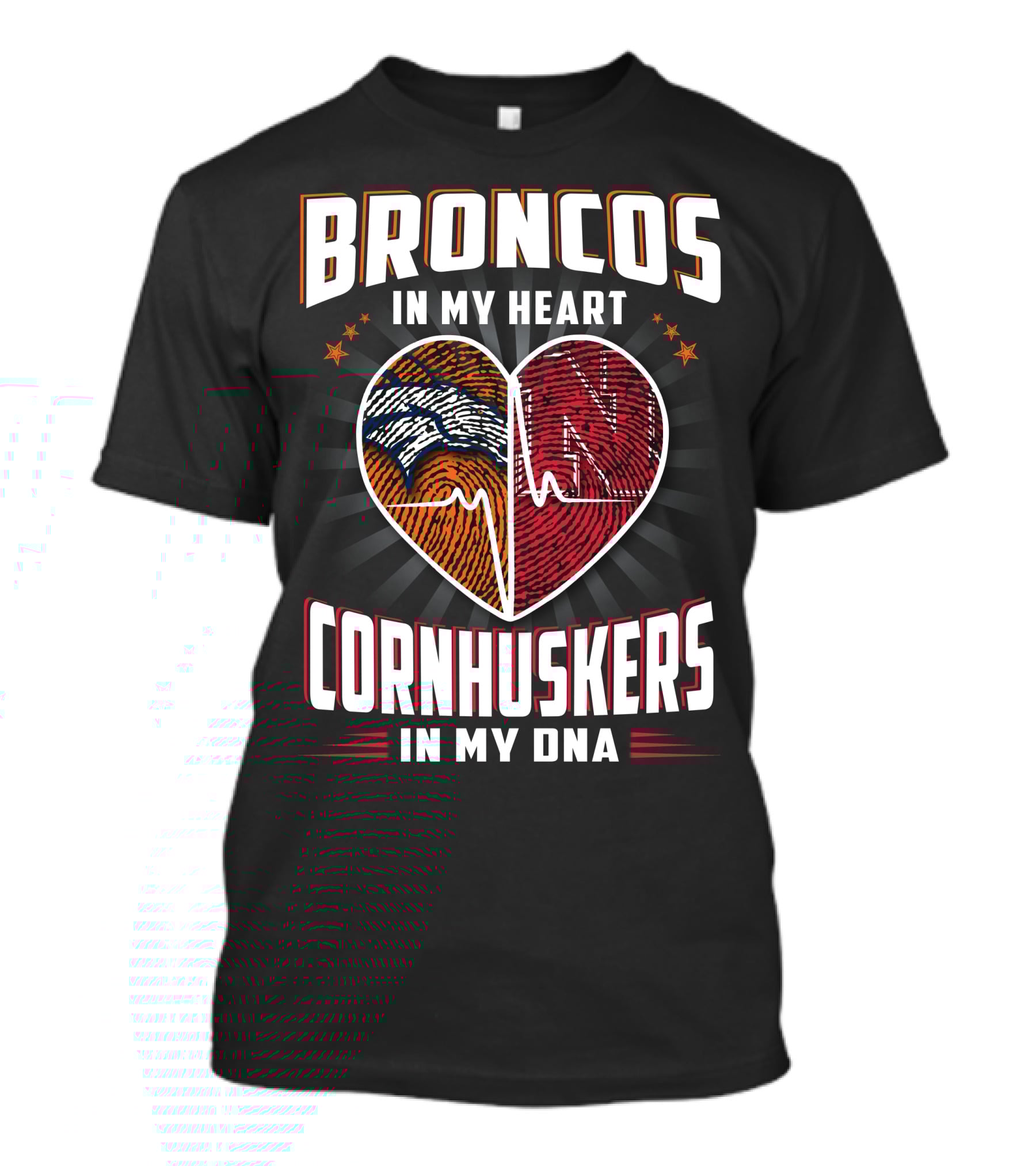 Broncos Heart Cornhuskers Dna Fingerprint Football Pride T-Shirt