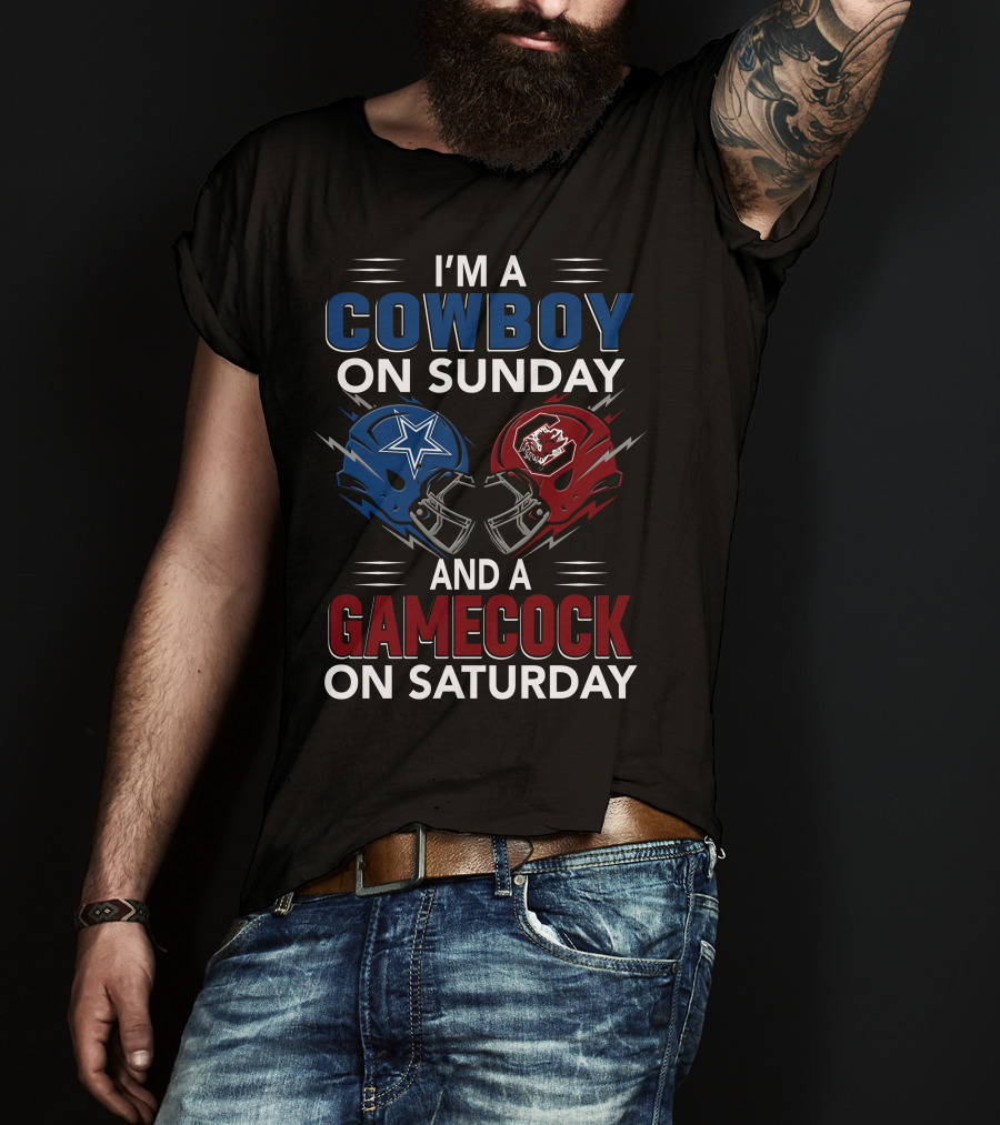 I'm A Cowboy On Sunday And A Gamecock On Saturday Football Helmets Showdown T-Shirt
