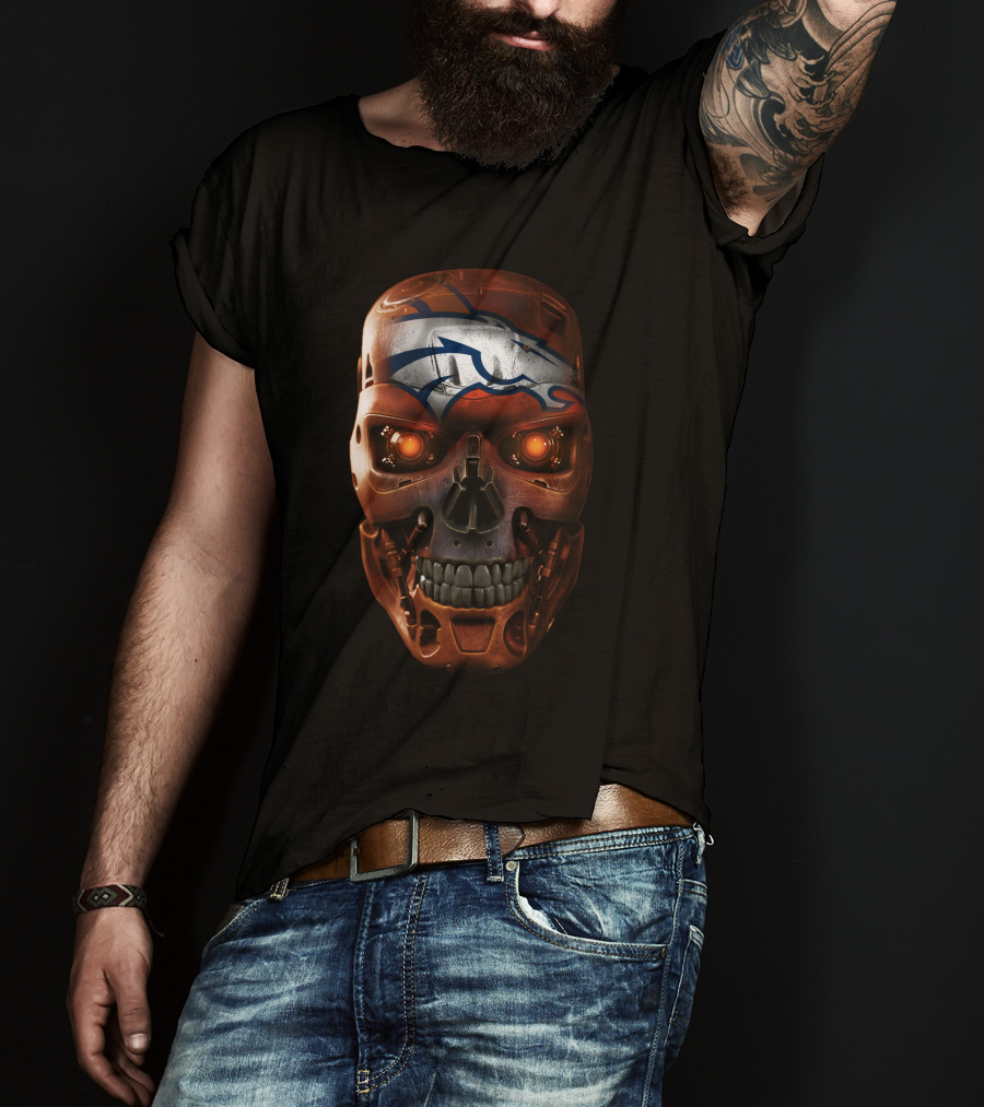 Skull With Broncos Logo Style T-Shirt