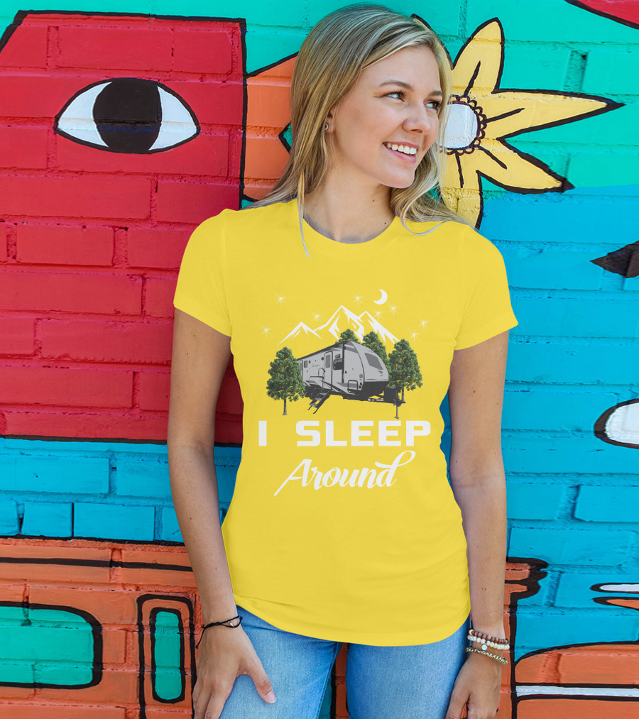 I SLEEP AROUND Forest River Surveyor Camper And Mountain Scene T-Shirt