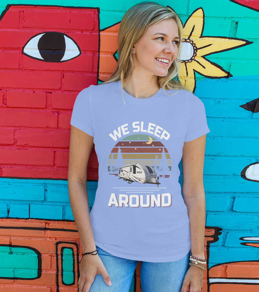 WE SLEEP AROUND Camper Moon Trees Retro Stripes T-Shirt