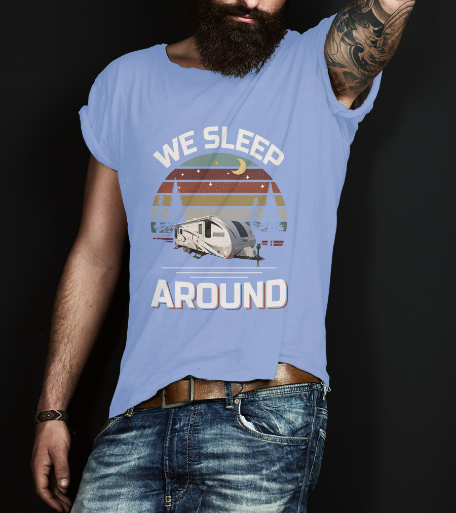 WE SLEEP AROUND Camper Moon Trees Retro Stripes T-Shirt