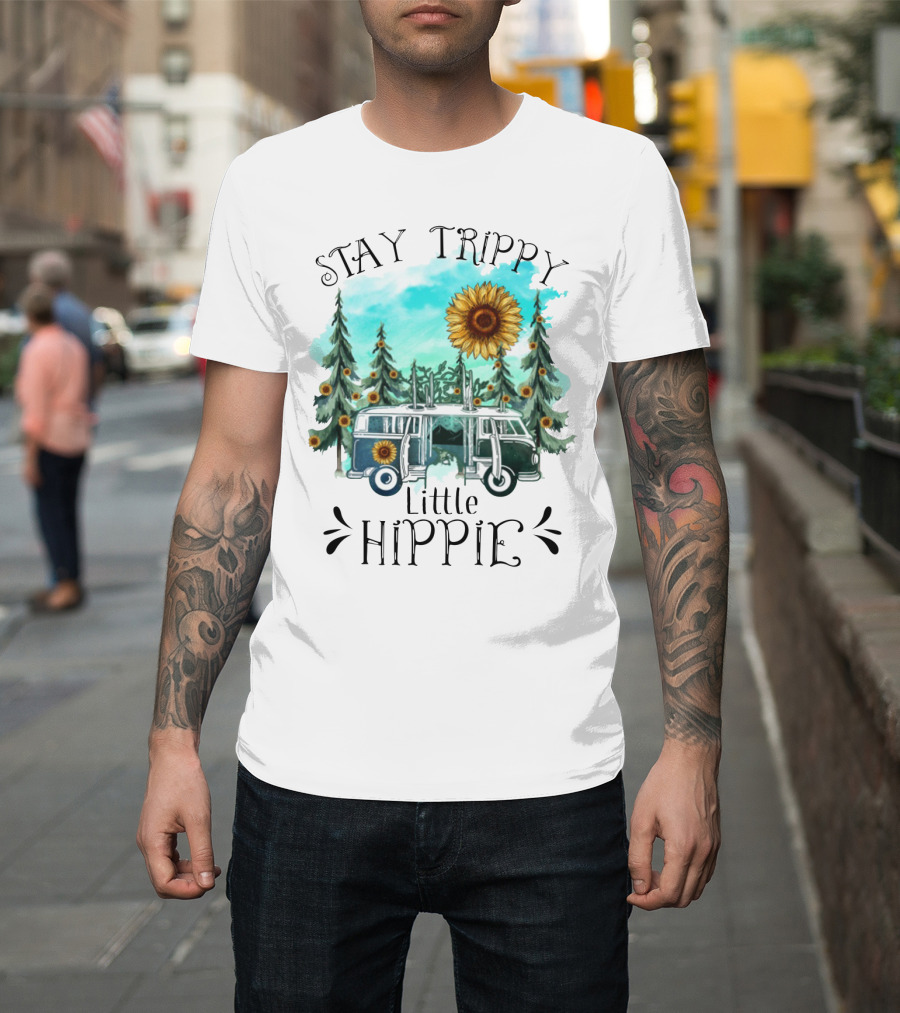 Stay Trippy Little Hippie Sunflower Van Among Forest Pines T-Shirt