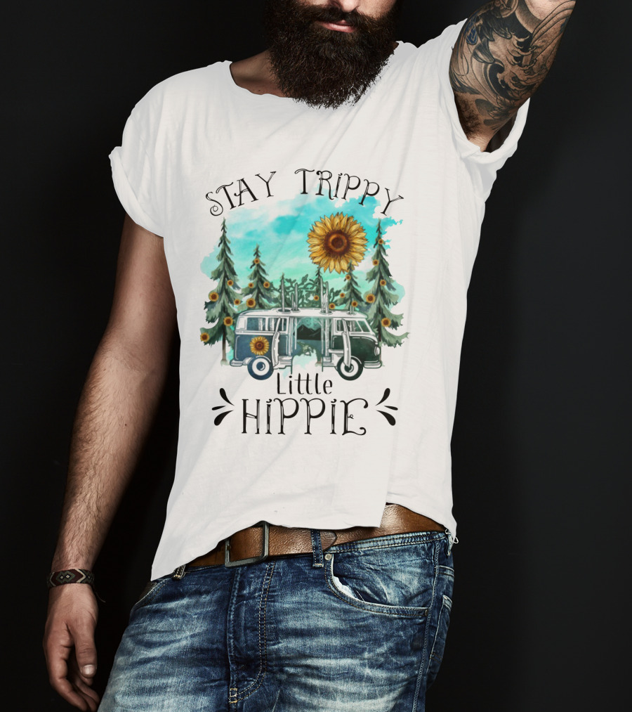 Stay Trippy Little Hippie Sunflower Van Among Forest Pines T-Shirt