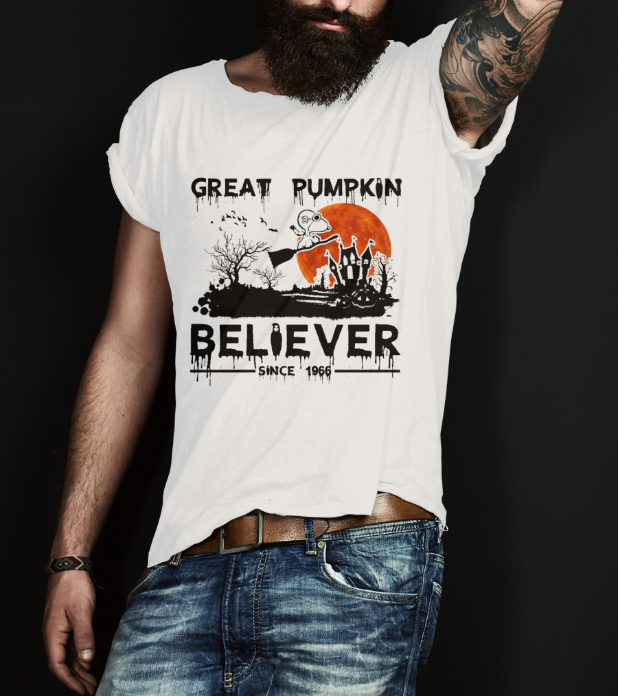 Great Pumpkin Believer Since 1966 Snoopy Flying On Broomstick Halloween Scene T-Shirt