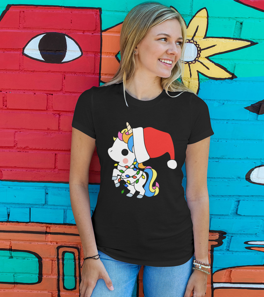 Unicorn Santa Christmas Lights Festive Fantasy T-Shirt