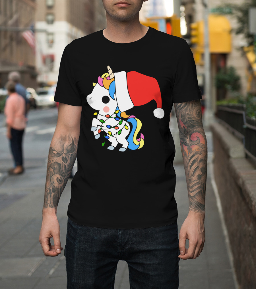 Unicorn Santa Christmas Lights Festive Fantasy T-Shirt