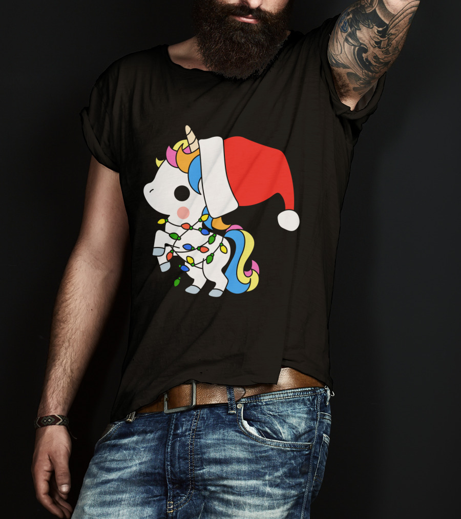 Unicorn Santa Christmas Lights Festive Fantasy T-Shirt