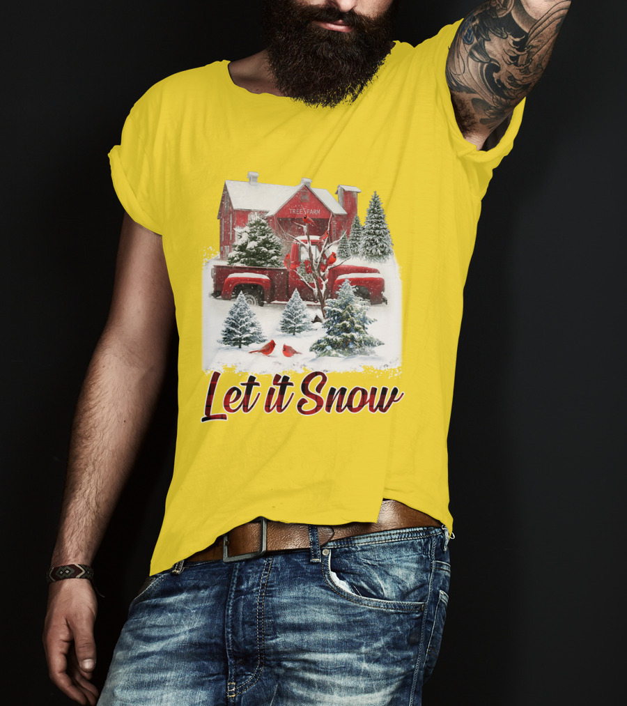 Let It Snow Cardinal Birds Red Tree Farm Holiday Scene T-Shirt