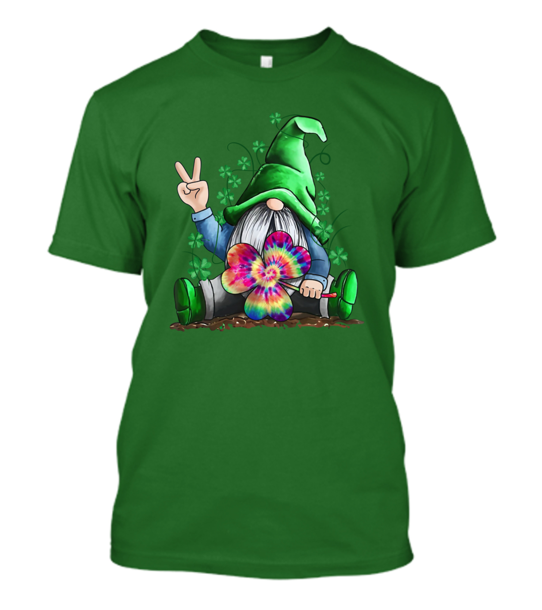Hippie Gnome Irish With Tie-Dye Shamrock And Peace Sign T-Shirt