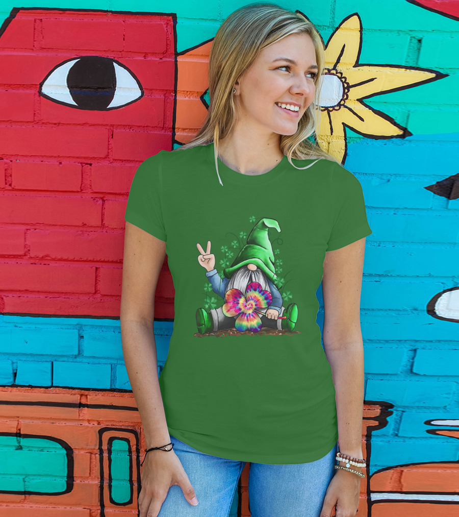 Hippie Gnome Irish With Tie-Dye Shamrock And Peace Sign T-Shirt