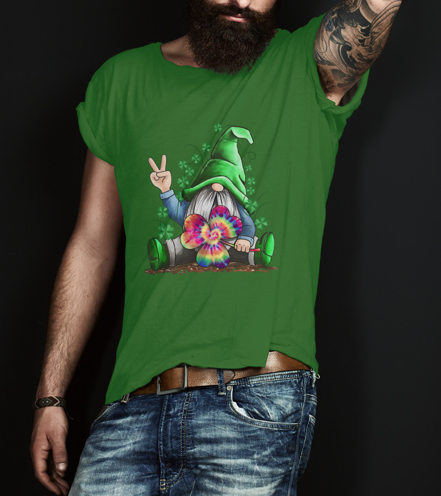 Hippie Gnome Irish With Tie-Dye Shamrock And Peace Sign T-Shirt