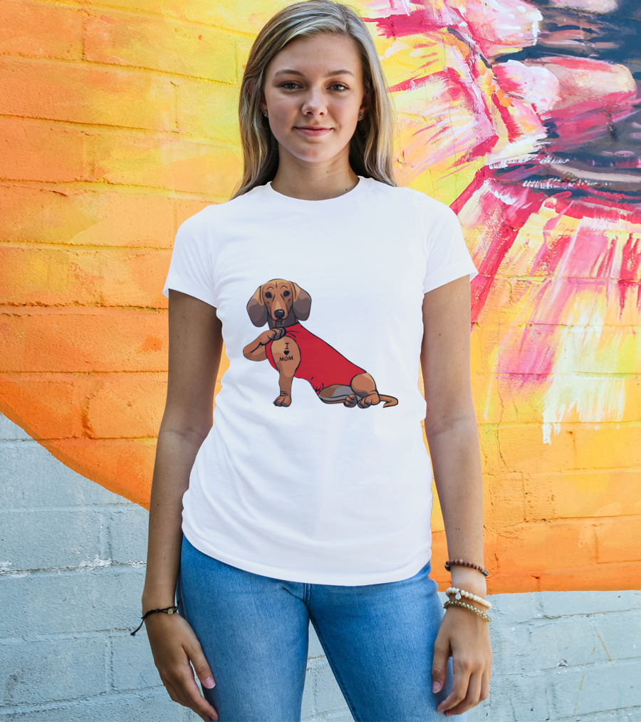 I Love Mom Dachshund Tattoo Puppy In Red T-Shirt
