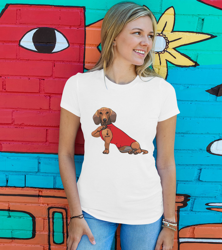 I Love Mom Dachshund Tattoo Puppy In Red T-Shirt