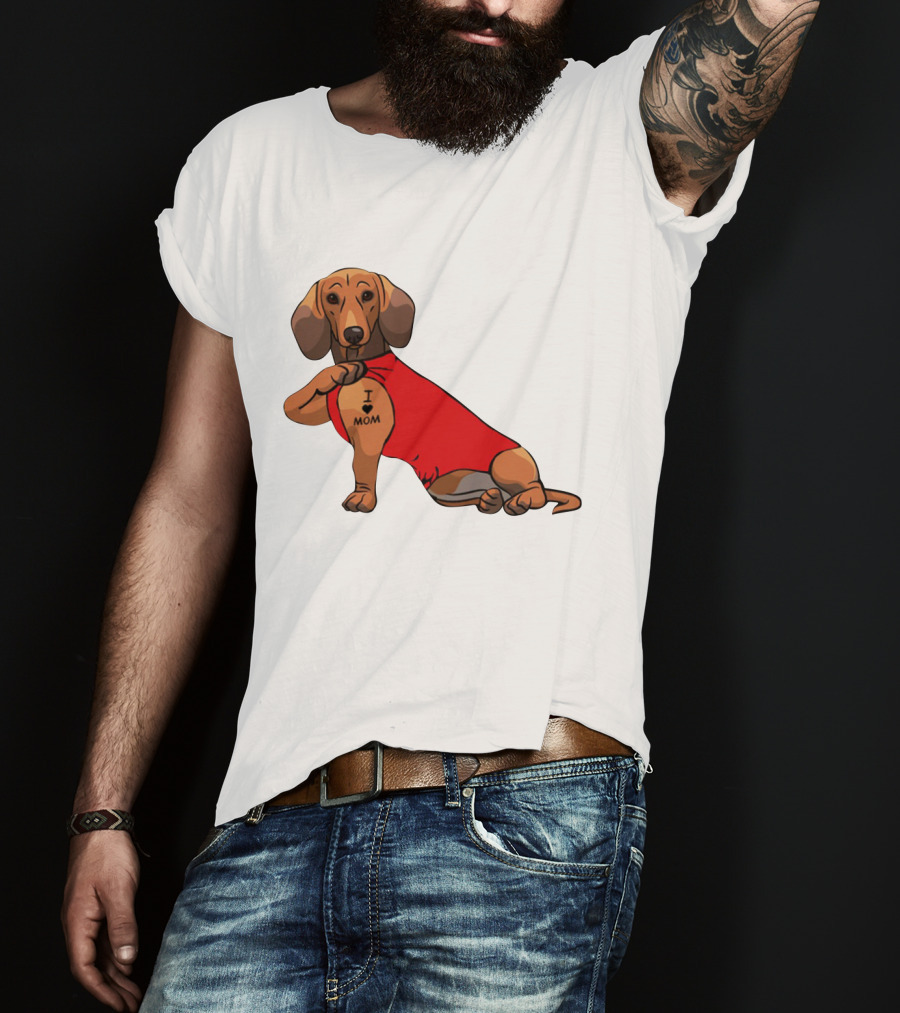 I Love Mom Dachshund Tattoo Puppy In Red T-Shirt