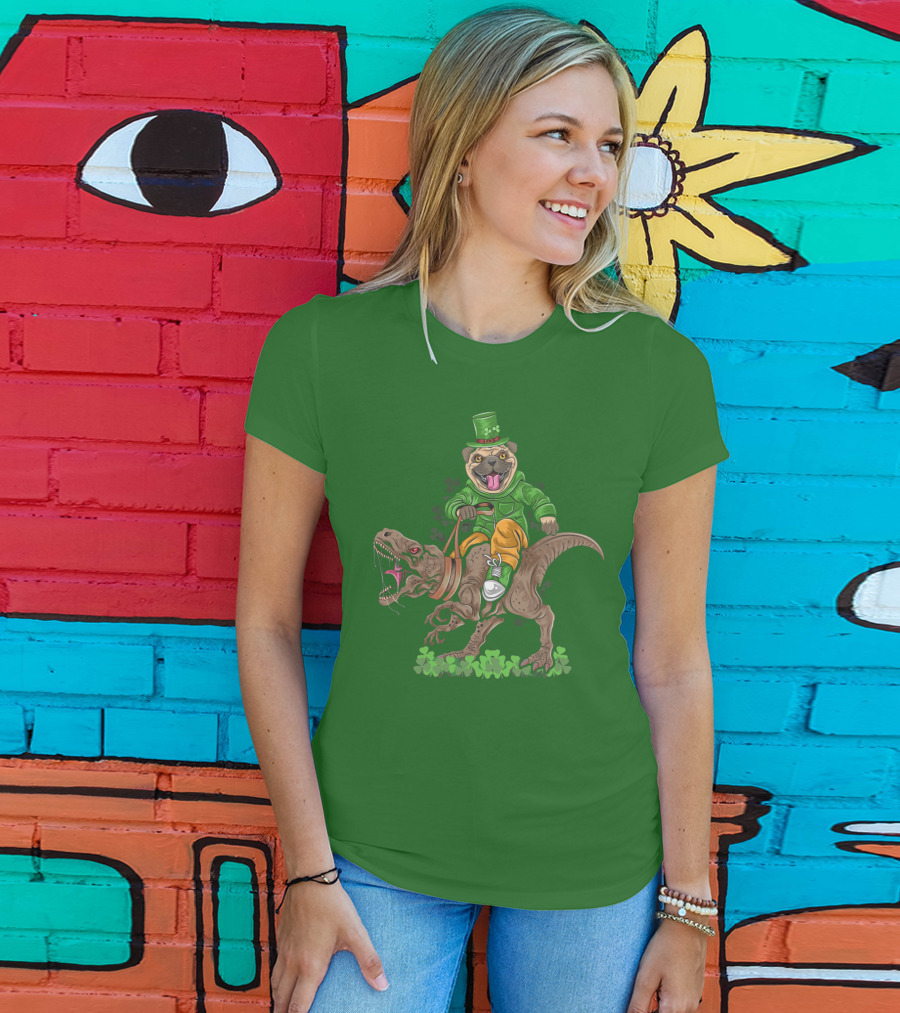 St Patricks Day Pug Puppy Riding Dinosaur Rex With Shamrocks And Leprechaun Hat T-Shirt