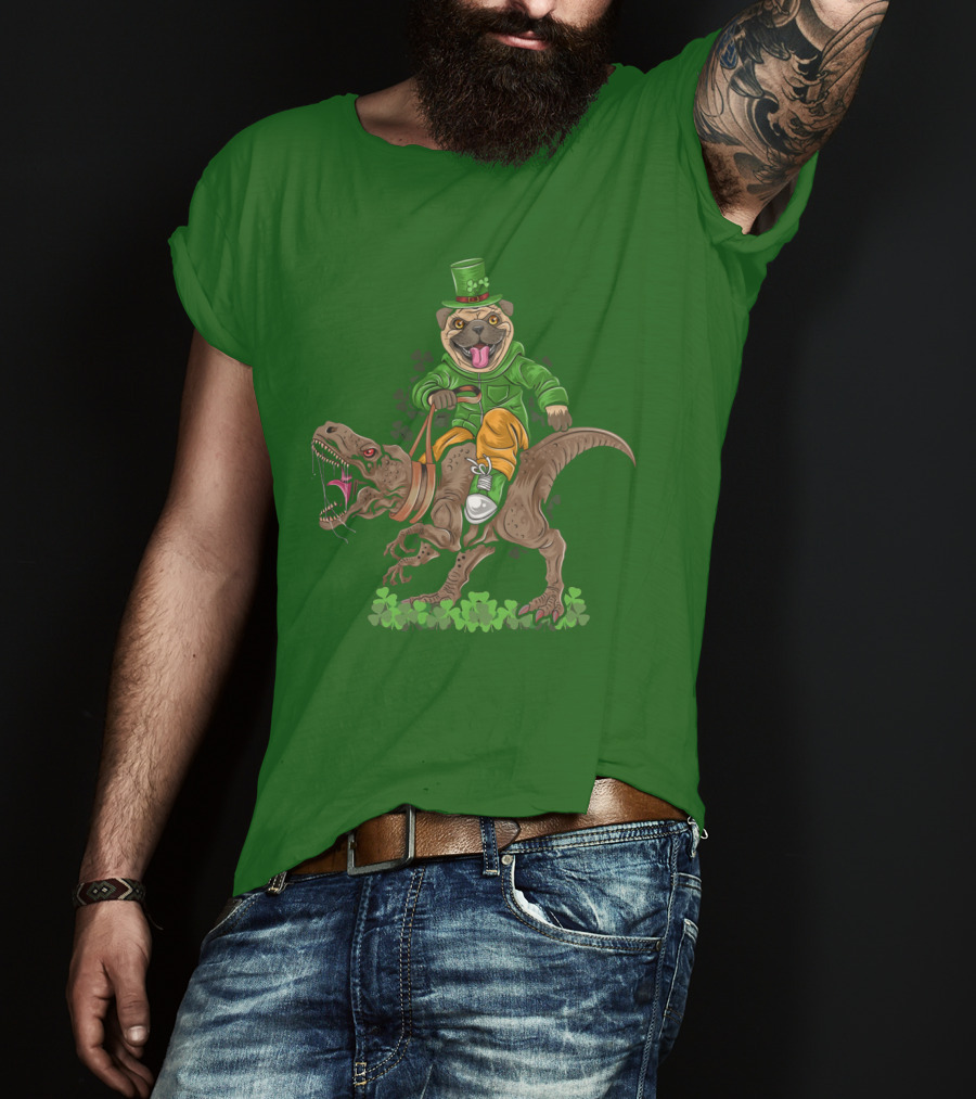 St Patricks Day Pug Puppy Riding Dinosaur Rex With Shamrocks And Leprechaun Hat T-Shirt