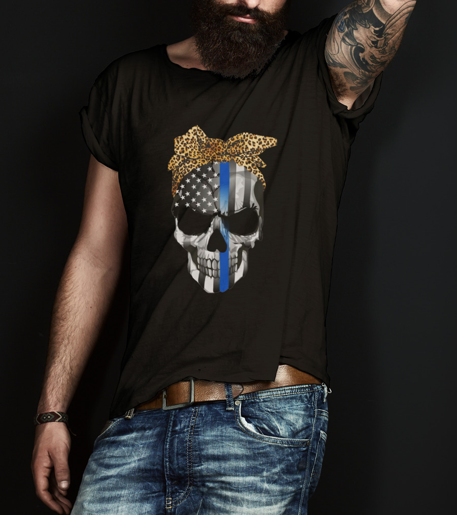 Thin Blue Line American Flag Skull With Leopard Bow T-Shirt