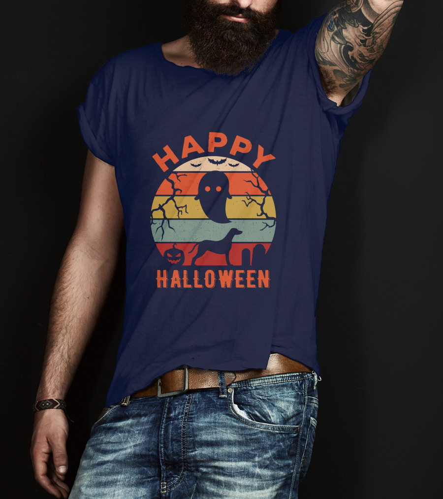 Happy Halloween Dalmatian Dog Ghost Pumpkin Retro Stripes T-Shirt