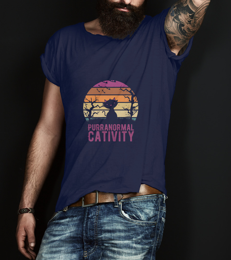 Purranormal Cativity Spooky Cat Silhouette With Bats And Trees T-Shirt