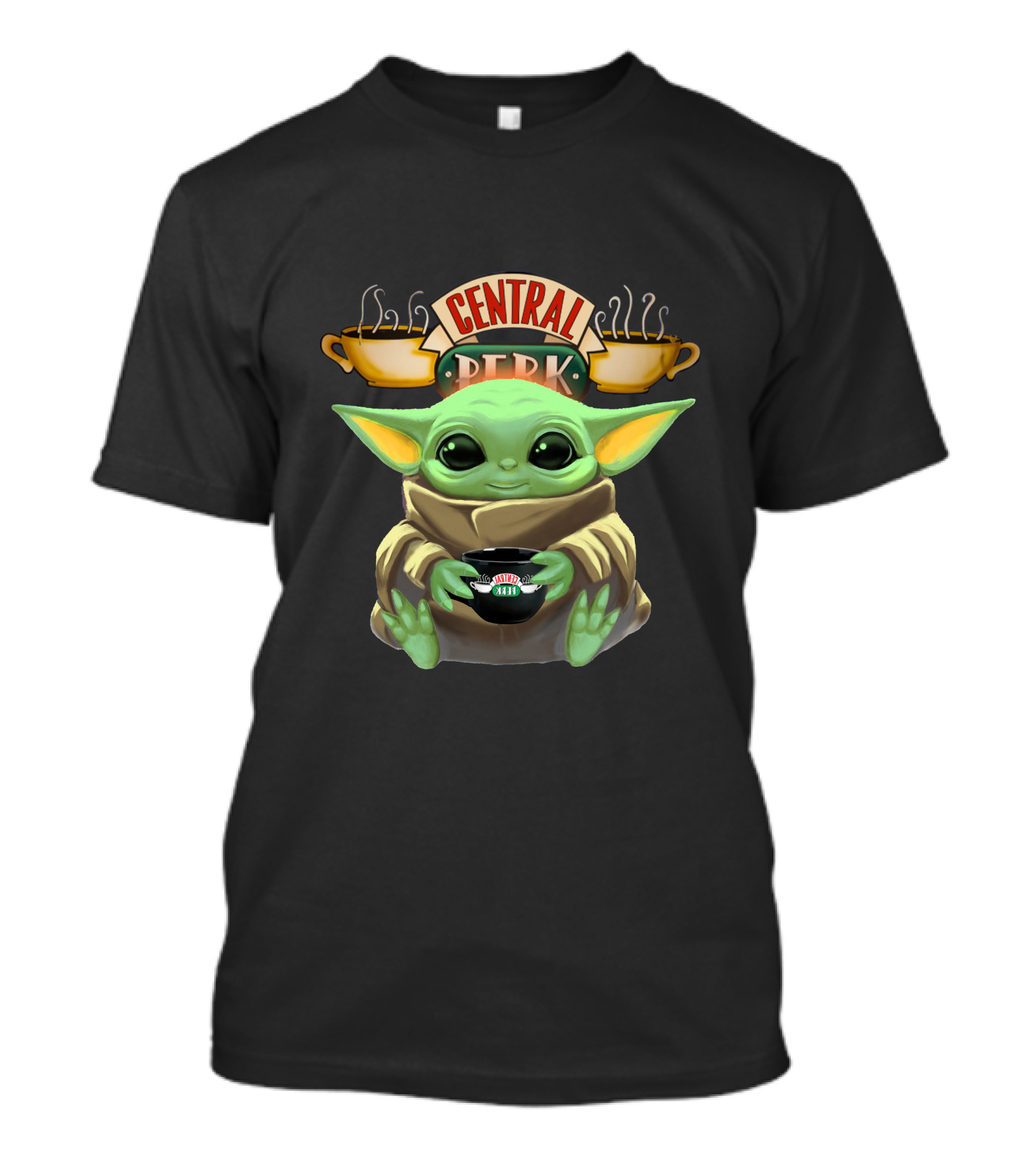 Baby Yoda Hugging Central Perk Coffee Cup Friends-Star Wars Crossover T-Shirt