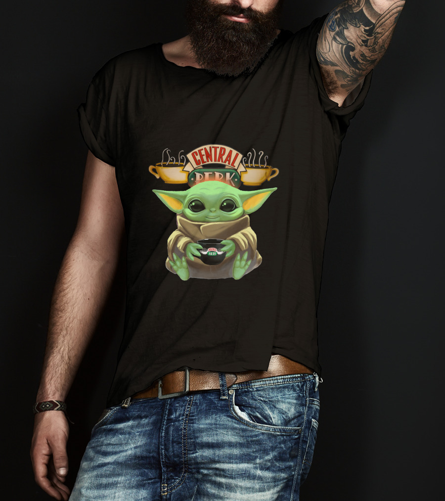 Baby Yoda Hugging Central Perk Coffee Cup Friends-Star Wars Crossover T-Shirt