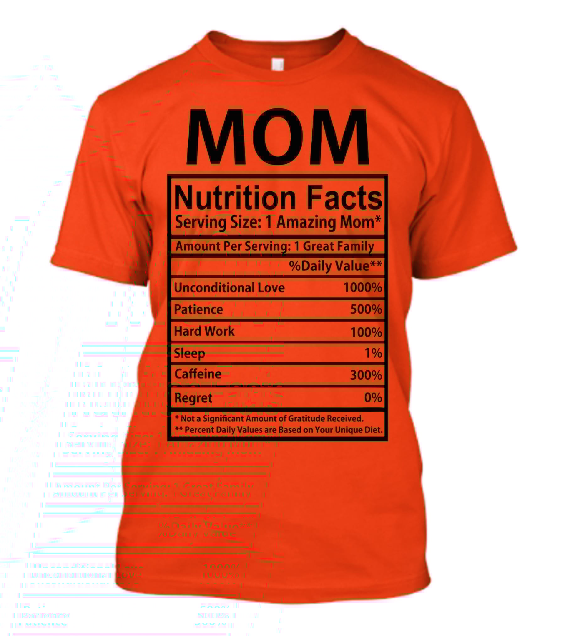 MOM Nutrition Facts Serving Size One Amazing Mom Unconditional Love Patience Hard Work Sleep Caffeine Regret T-Shirt