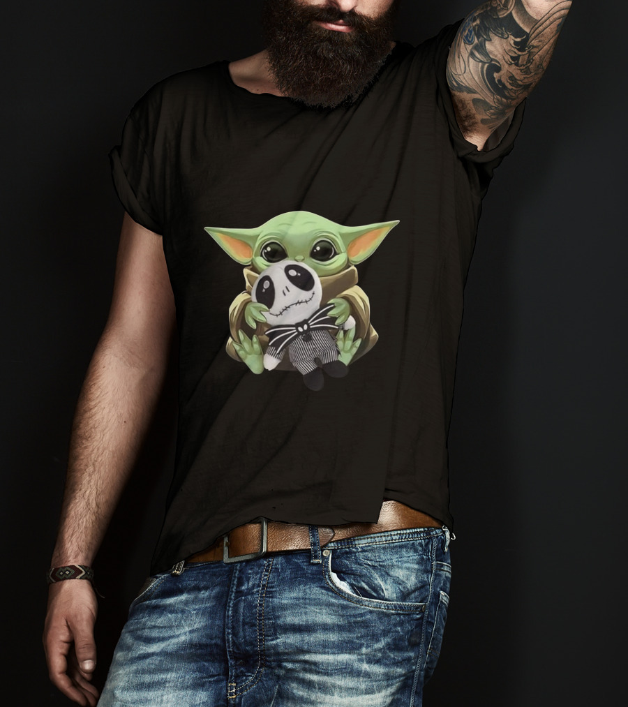Baby Yoda Holding Jack Skellington Plush Crossover T-Shirt