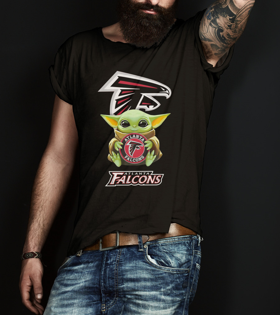 Baby Yoda Holding Atlanta Falcons Emblem Logo Fan T-Shirt