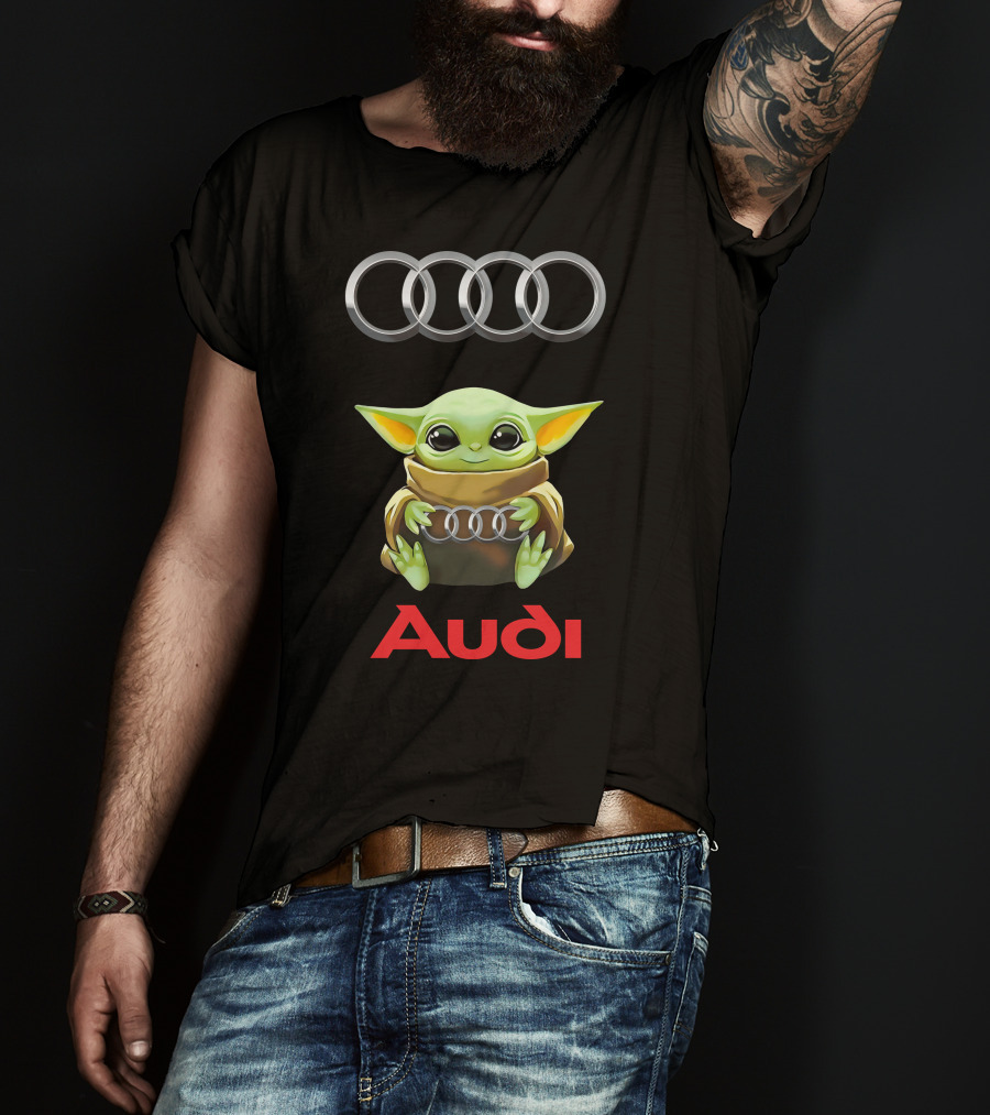 Baby Yoda Holding Audi Logo Under Audi Rings T-Shirt
