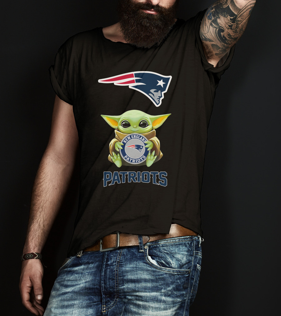 Baby Yoda Holding New England Patriots Symbol With Patriots Logo Above T-Shirt