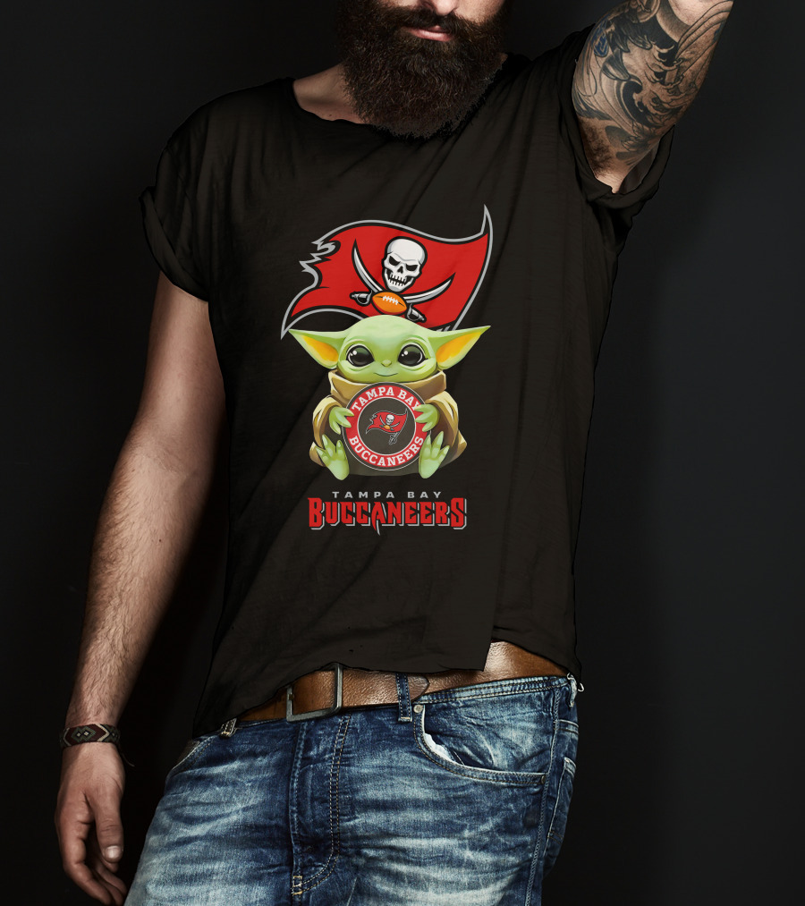 Baby Yoda Tampa Bay Buccaneers Hug With Logo And Helmet Flag T-Shirt