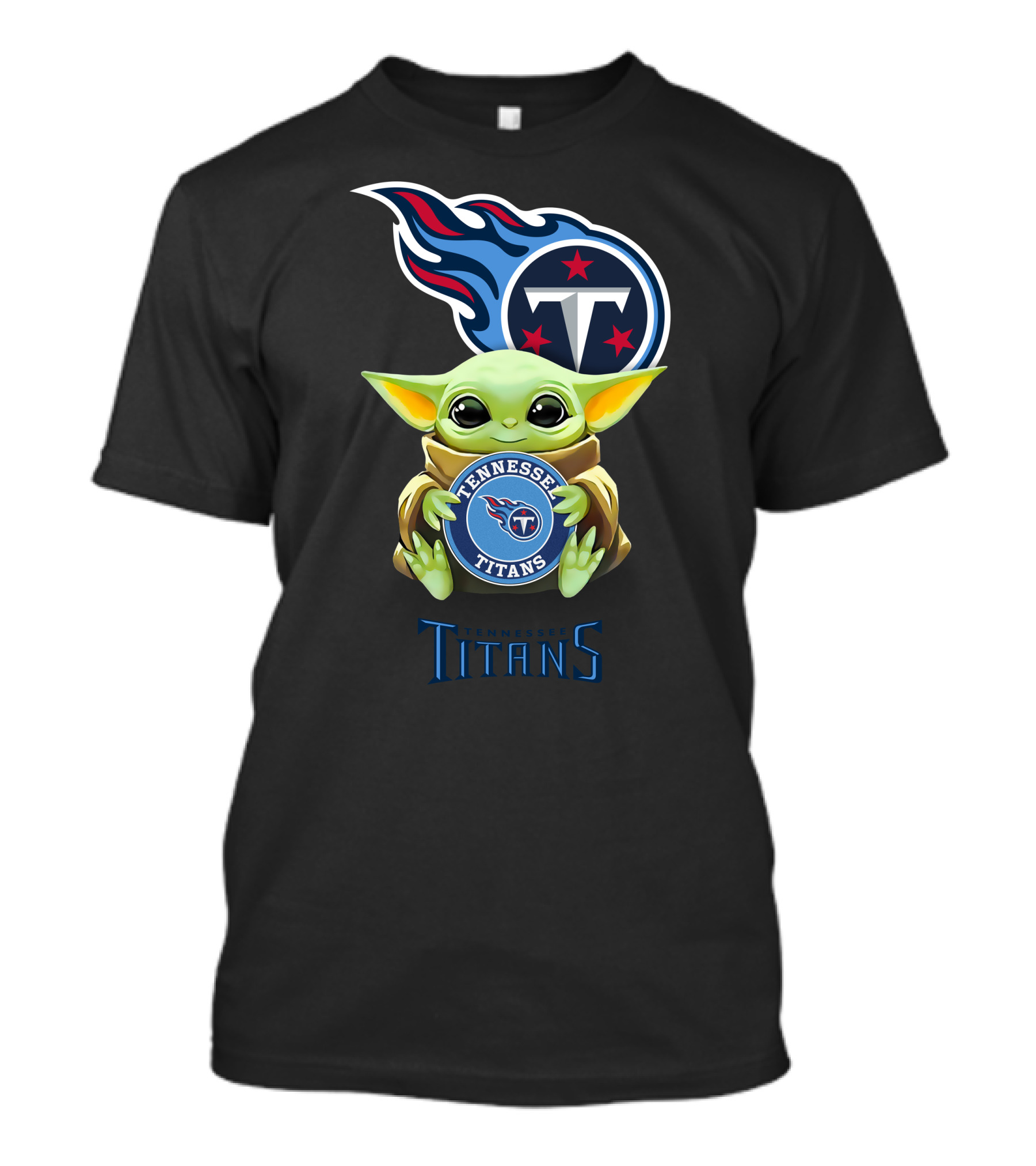 Baby Yoda Holding Tennessee Titans Emblem With Team Logo Background T-Shirt