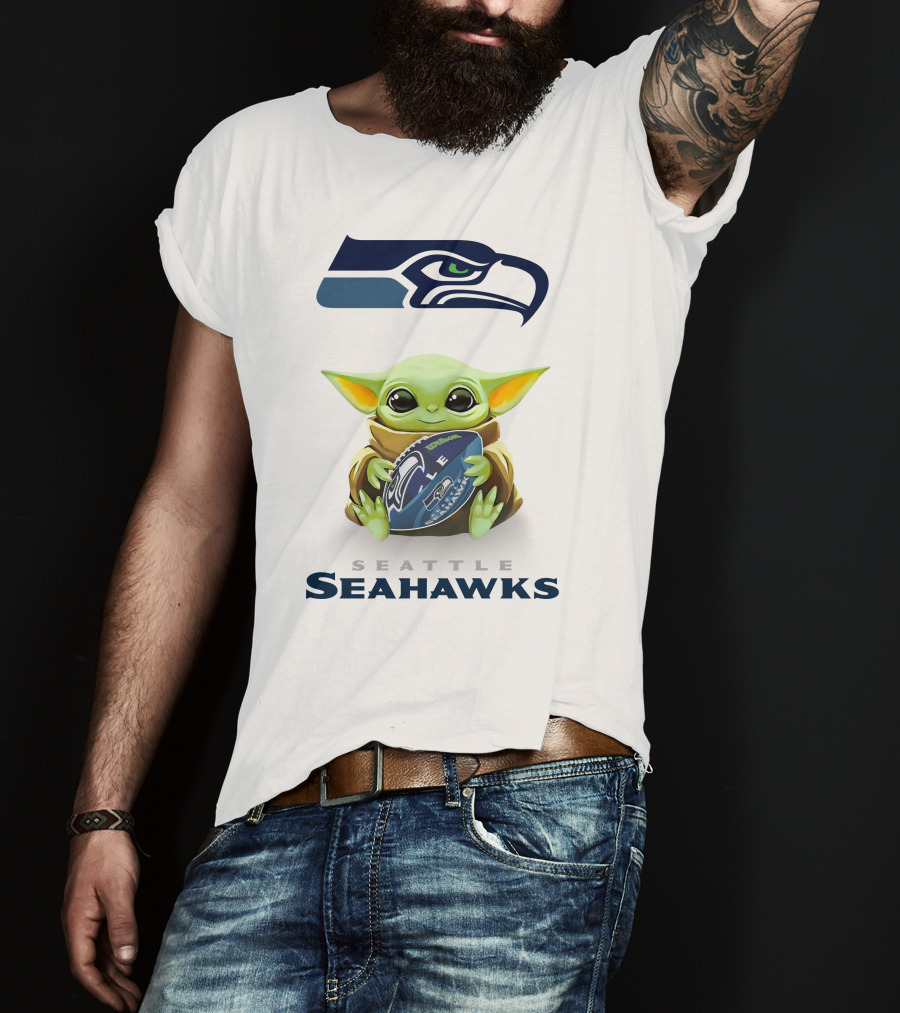 Baby Yoda Seattle Seahawks Football Hug Tailgate White T-Shirt