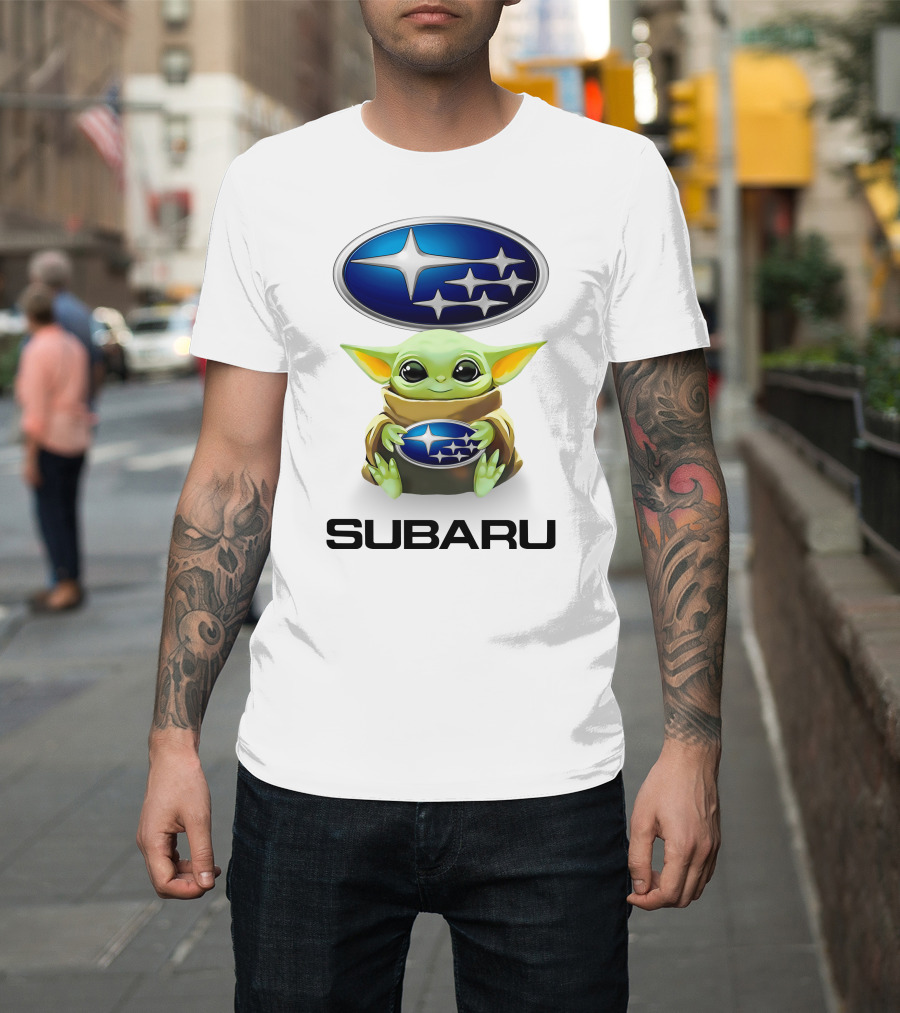 Baby Yoda Subaru Logo Hug White T-Shirt