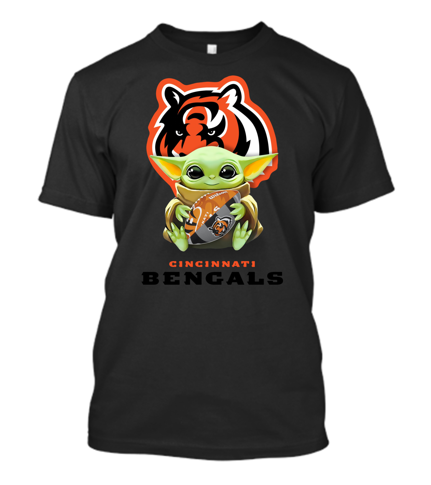 Star Wars Baby Yoda Hugging Cincinnati Bengals Logo Football T-Shirt