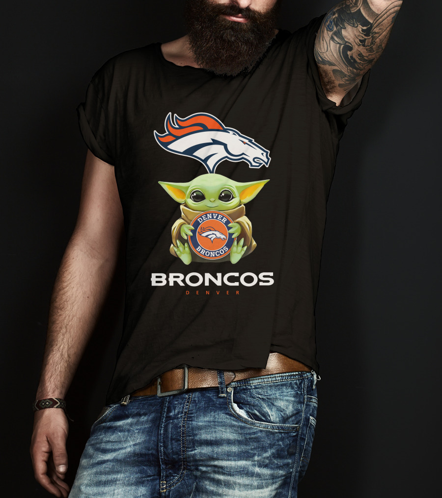 Star Wars Baby Yoda Holding Denver Broncos Emblem T-Shirt