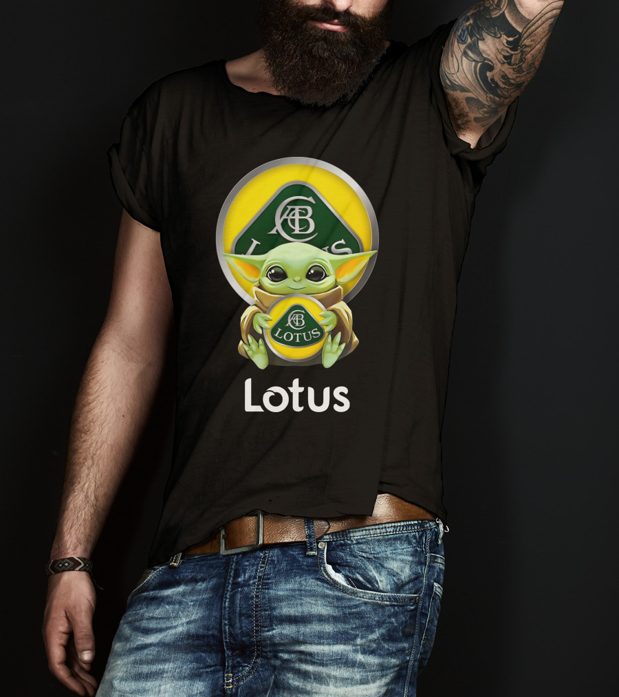 Star Wars Baby Yoda Hugging Lotus Car Logo On Black T-Shirt