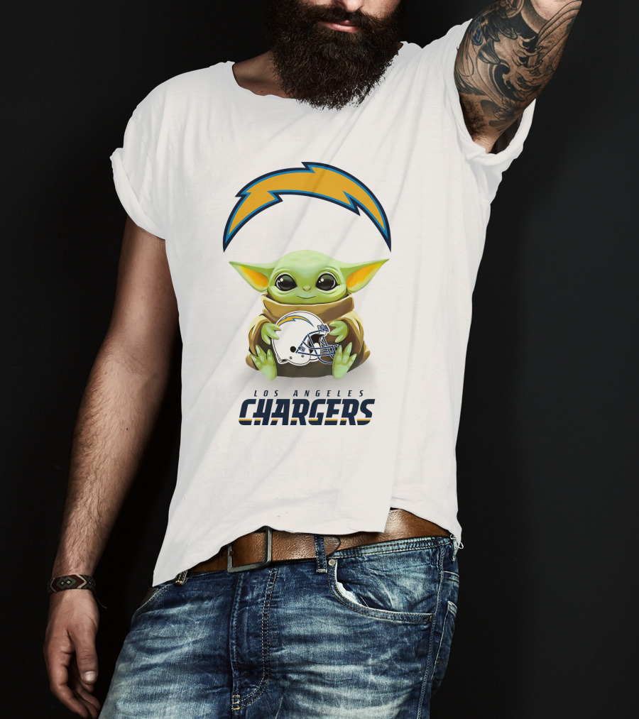Los Angeles Chargers Star Wars Baby Yoda Hugging Helmet T-Shirt
