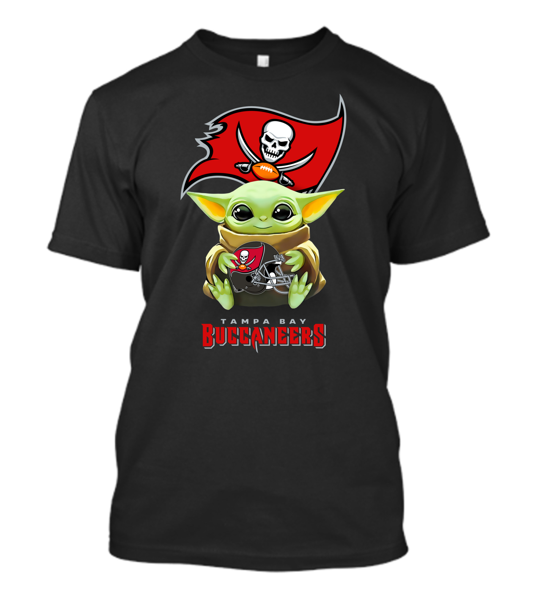 Star Wars Baby Yoda Holding Tampa Bay Buccaneers Helmet With Team Flag T-Shirt