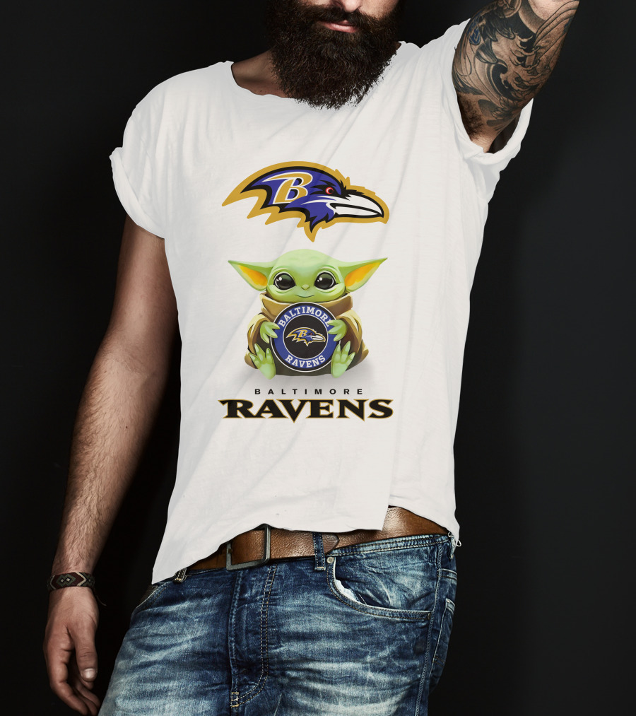 Baby Yoda Holding Baltimore Ravens Logo With Team Emblem And Name T-Shirt