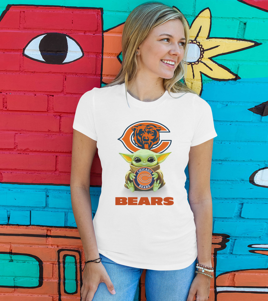 Baby Yoda Holding Chicago Bears Logo With Bears Text T-Shirt