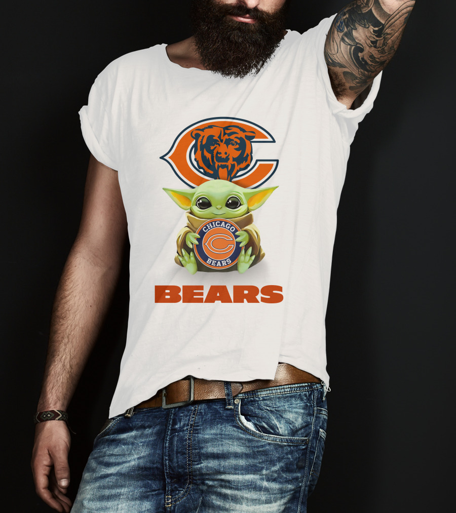 Baby Yoda Holding Chicago Bears Logo With Bears Text T-Shirt