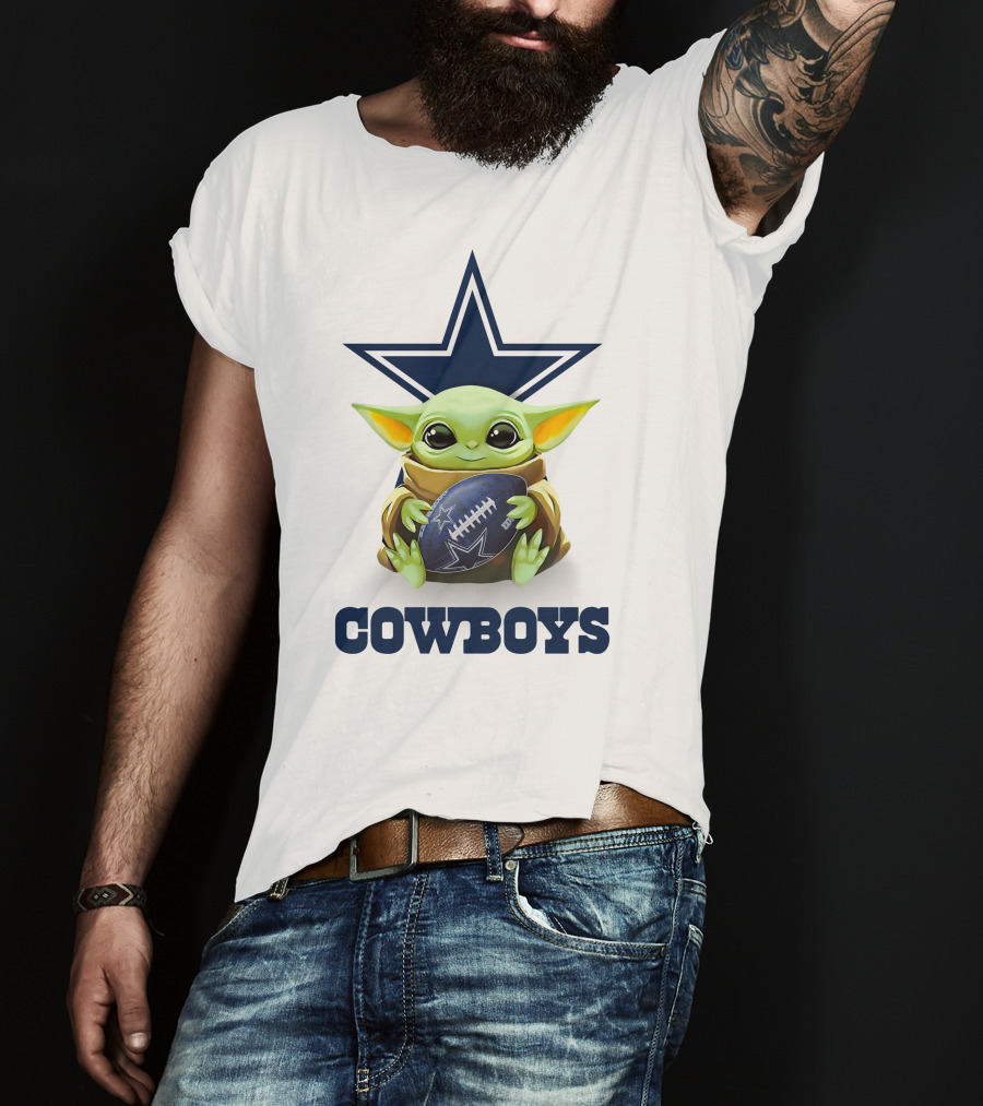 Cowboys Baby Yoda Hugging Dallas Football Star Logo White Background T-Shirt