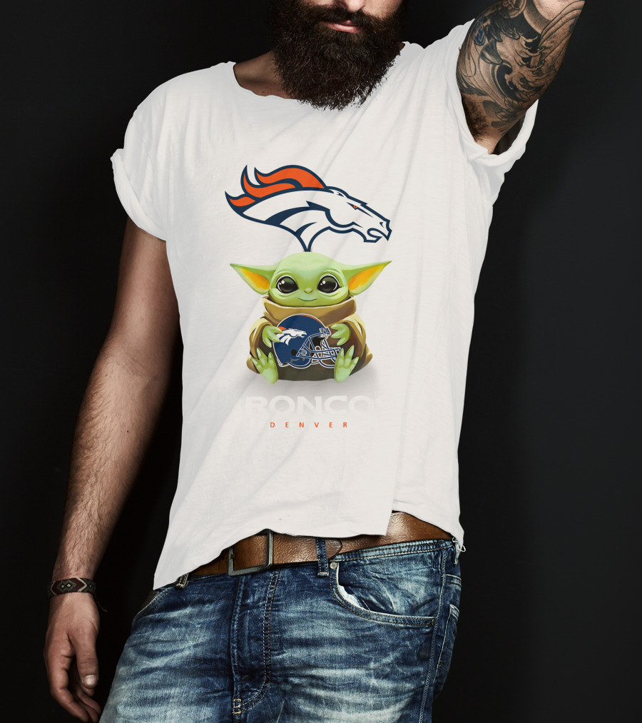 Baby Yoda Holding Denver Broncos Helmet With Broncos T-Shirt