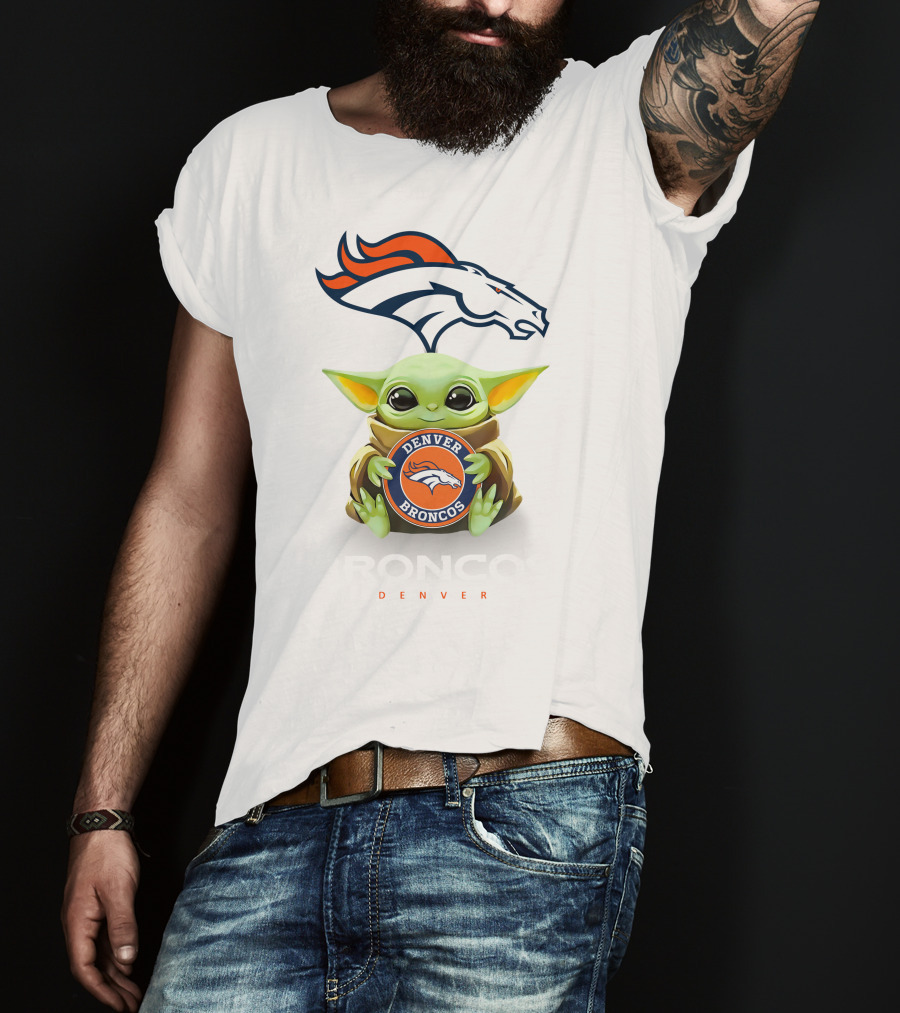 Baby Yoda Hug Denver Broncos Denver Broncos Bronco Denver White T-Shirt