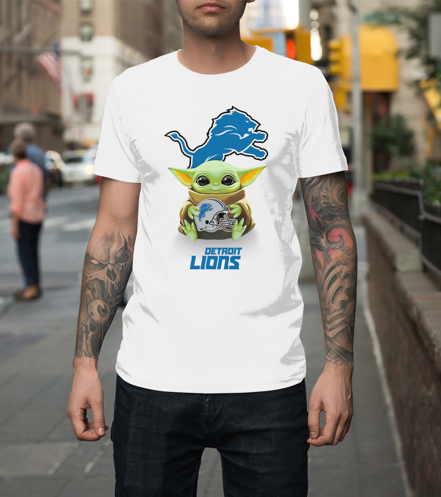 Baby Yoda With Detroit Lions Logo And Helmet Featuring Blue Lion T-Shirt