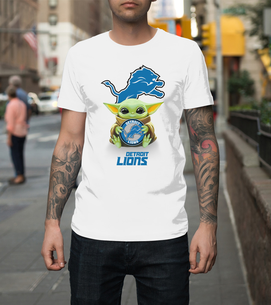 Baby Yoda Detroit Lions Emblem With Blue Logo And Iconic Character T-Shirt