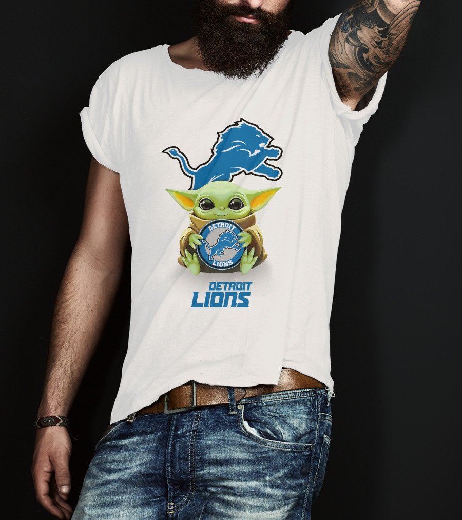 Baby Yoda Detroit Lions Emblem With Blue Logo And Iconic Character T-Shirt